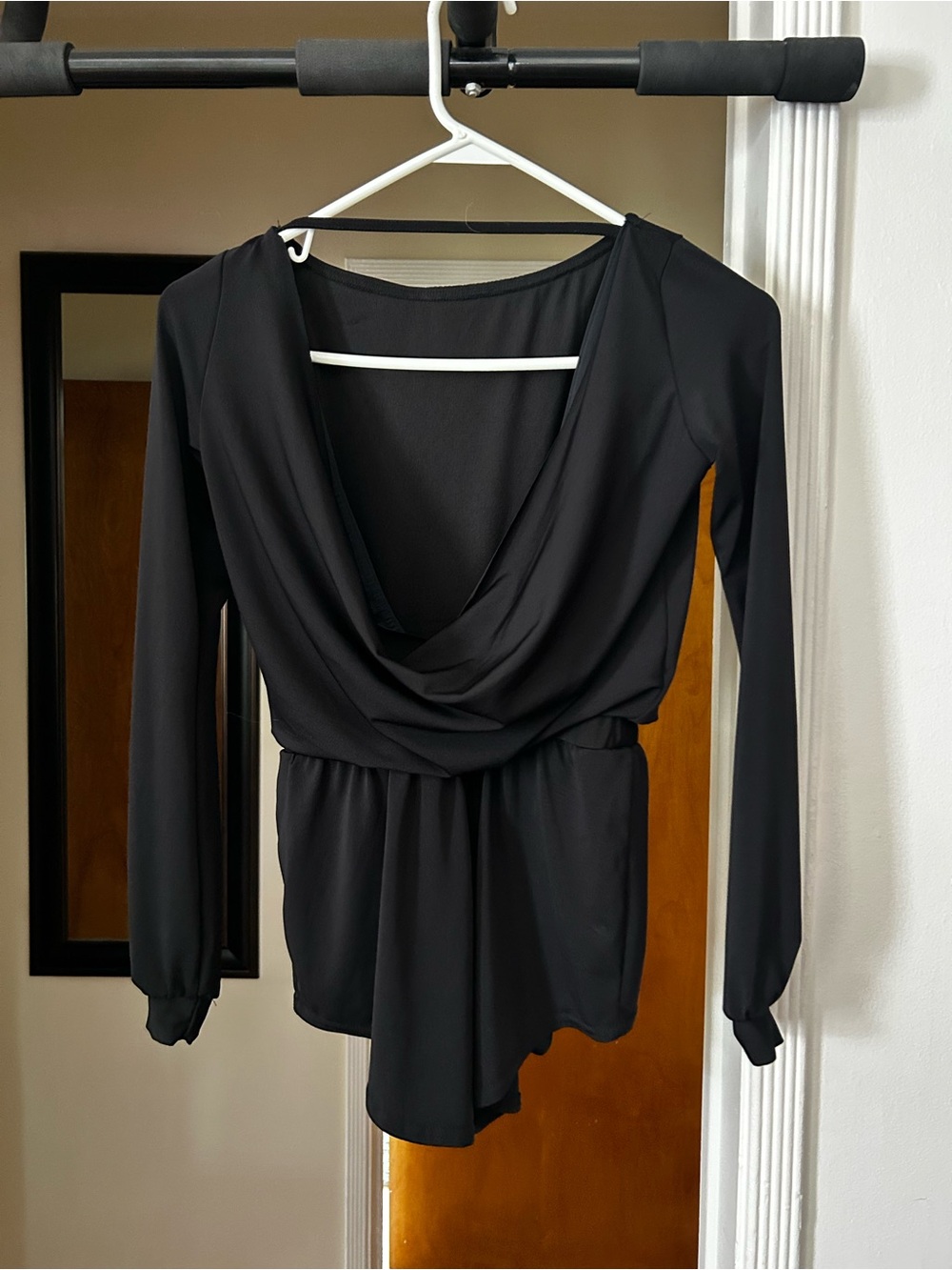 Weissman Black Long-Sleeve Romper with Open Draped Back. Attached Leotard. SZ LC